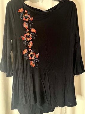 Apt. 9 Black Long-Sleeve Top with Orange Floral Embroidery soft